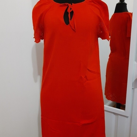 Old Navy Eyelet Hem Flutter Sleeves Drop Waist Boho Shift Red Orange Dress S/P - Picture 3 of 13